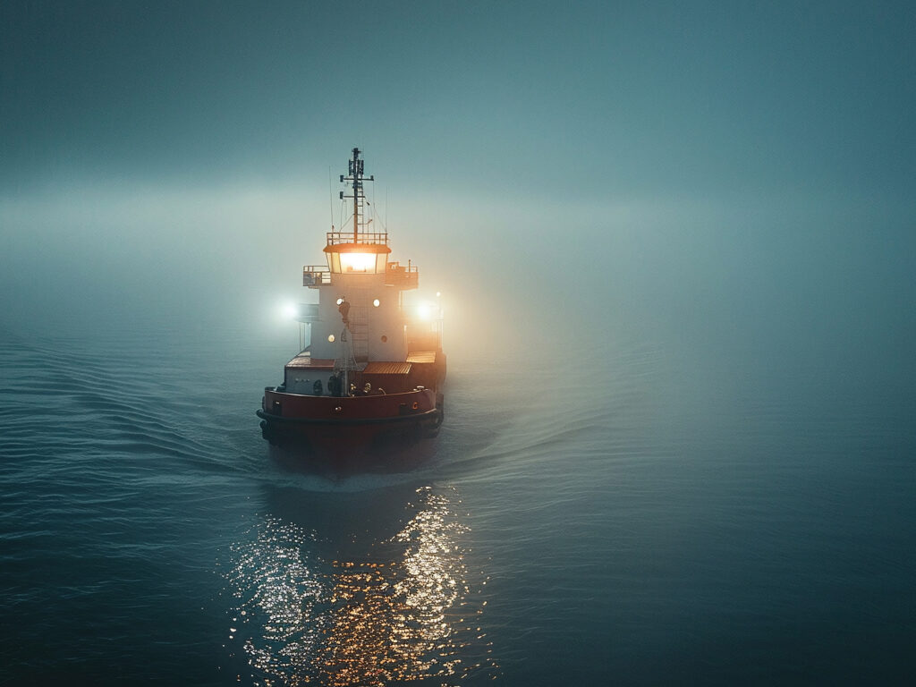 Cargo Ship Sailing Through Misty Ocean at Dusk Mysterious and Powerful Industrial Transportation in Serene Landscape