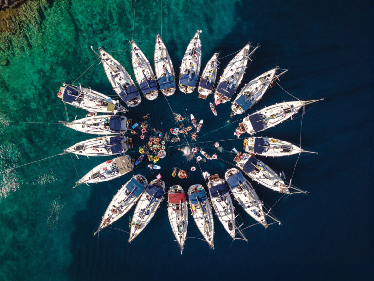 aerial of boat raft up party