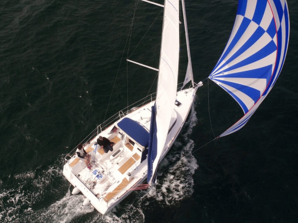 Aerial of a sailboat on the water