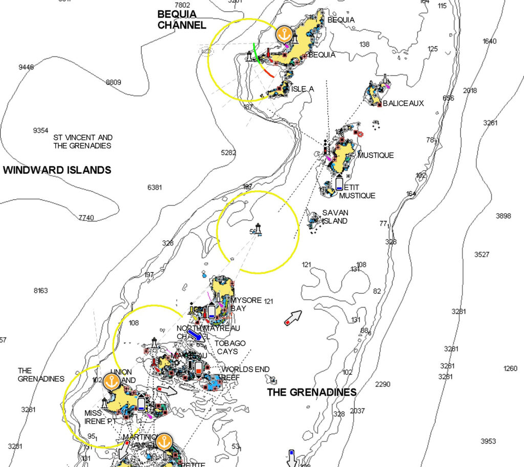 Map of getting through Tobago Cays to Carriacou