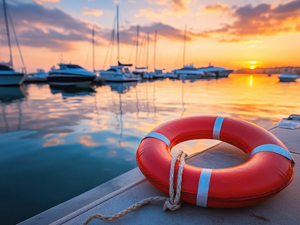 Red life buoy on dock with boats at marina