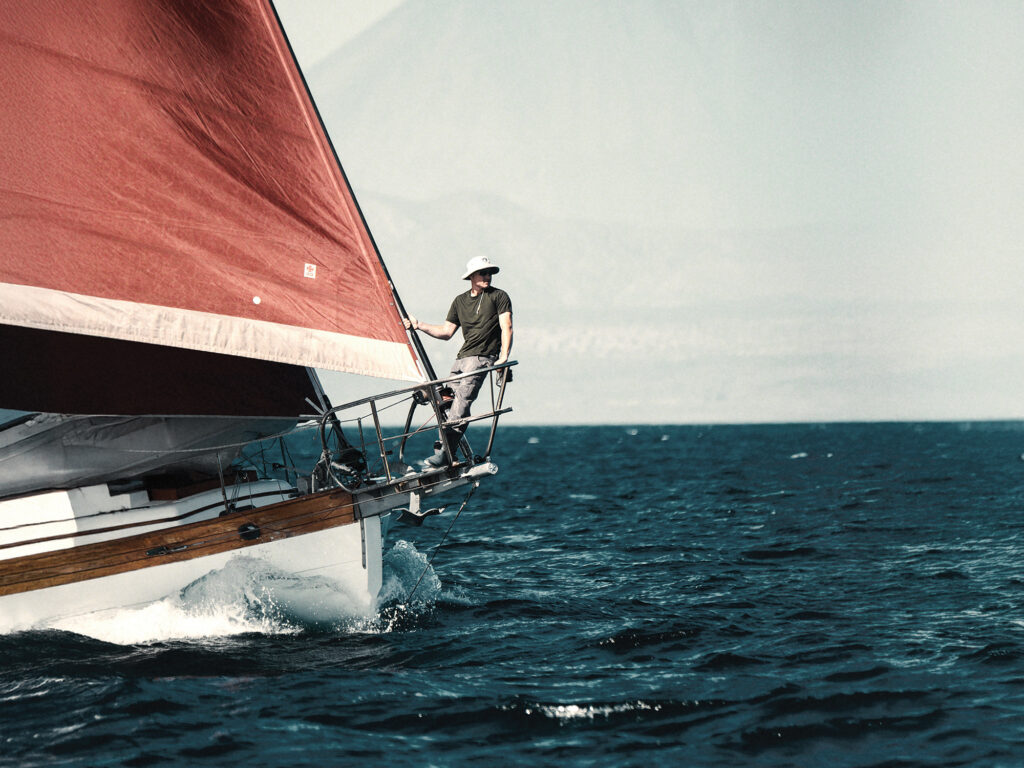Peter Metcalfe on his sailboat during his Pacific Crossing