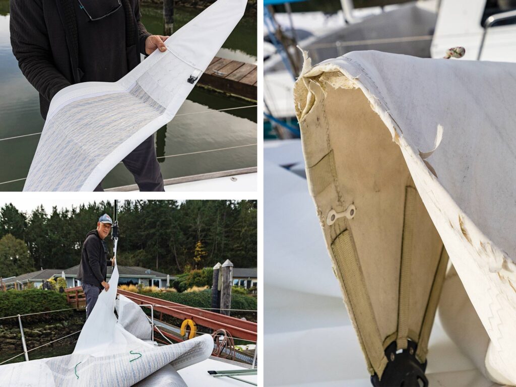 Composite of sail getting made using CAD renderings and the final product