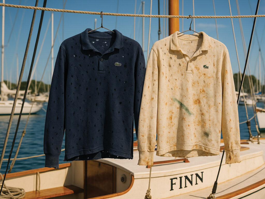Two shirts hanging on a line on a sailboat